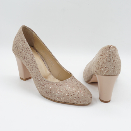 Pantofi dama din piele naturala nude cu imprimeu, cu varf rotund si toc mic gros imbracat 6 cm 6052-2-26 [3]