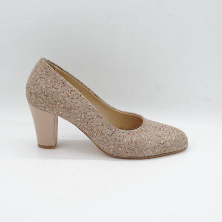 Pantofi dama - Pantofi dama din piele naturala nude cu imprimeu, cu varf rotund si toc mic gros imbracat 6 cm 6052-2-26