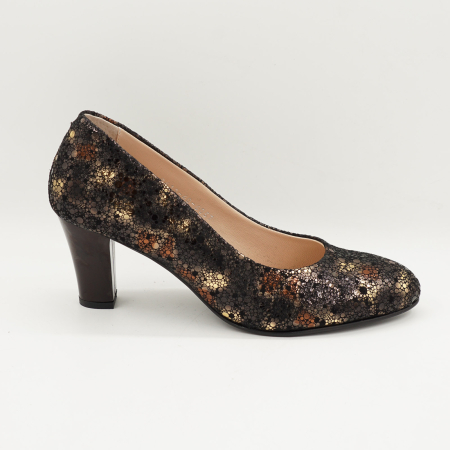 Pantofi dama - Pantofi dama din piele naturala neagra cu imprimeu, cu varf rotund si toc mic gros 6 cm 6052-1-26