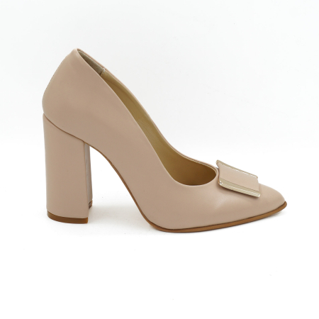 Pantofi dama din piele naturala nude bej, cu varf ascutit stiletto si toc inalt gros imbracat de  9 cm 50724-3-26 [1]