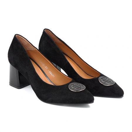 Pantofi dama din piele naturala intoarsa neagra cu varf ascutit stiletto si toc mediu gros 8 cm 50825-1-25 [1]