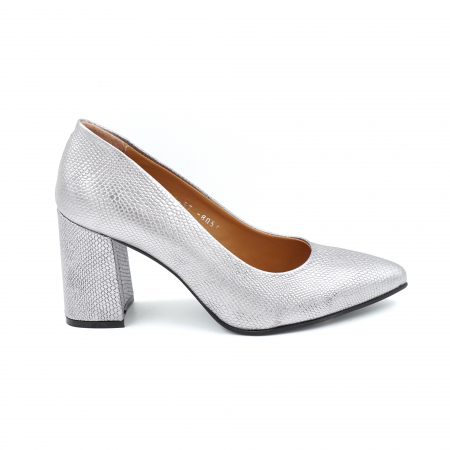 Pantofi elegant & office dama - Pantofi dama din piele naturala argintie cu imprimeu sarpe cu  varf ascutit stileto si toc mediu gros imbracat 8 cm  8057-5-25