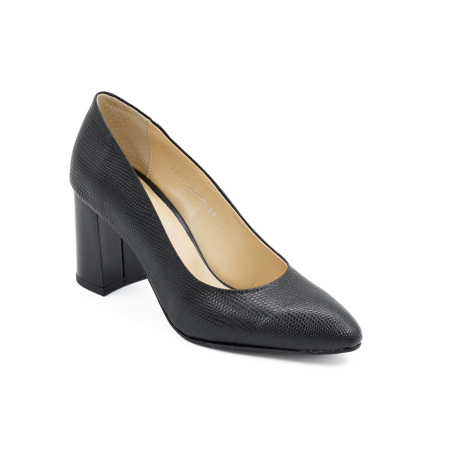 Pantofi dama piele naturala neagra cu imprimeu, cu varf ascutit si toc mediu gros 7 cm 0449-26 [1]