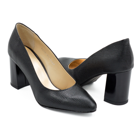 Pantofi dama piele naturala neagra cu imprimeu, cu varf ascutit si toc mediu gros 7 cm 0449-26 [3]