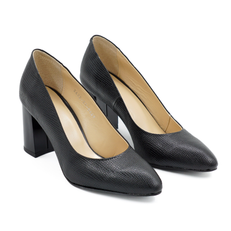 Pantofi dama piele naturala neagra cu imprimeu, cu varf ascutit si toc mediu gros 7 cm 0449-26 [2]