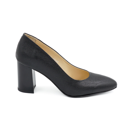 Pantofi dama - Pantofi dama piele naturala neagra cu imprimeu, cu varf ascutit si toc mediu gros 7 cm 0449-26