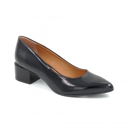 Pantofi dama din piele naturala neagra lacuita cu varf ascutit stileto si toc mic gros 4 cm 4057-25 [1]