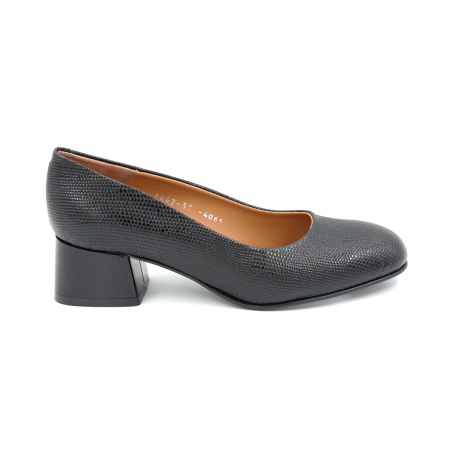 Pantofi elegant & office dama - Pantofi dama din piele naturala neagra cu imprimeu cu varf rotund si  toc mic gros 4 cm  4065-25