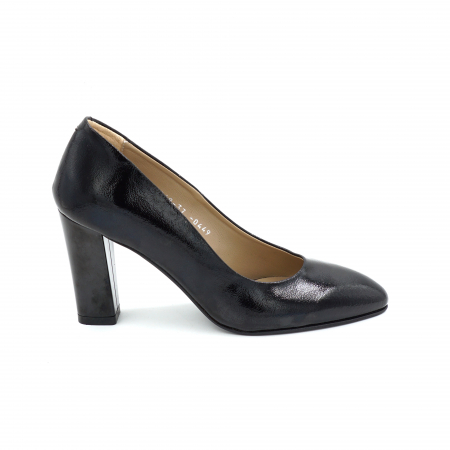 Lichidare stocuri - Pantofi dama piele naturala lacuita neagra cu varf ascutit si toc mediu gros 8 cm 0449-1-25