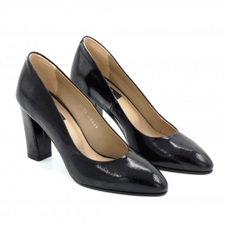 Pantofi dama piele naturala lacuita neagra cu varf ascutit si toc mediu gros 8 cm 0449-1-25 [2]