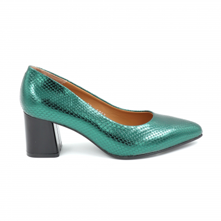 Pantofi elegant & office dama - Pantofi dama din piele naturala verde menta metalizat cu imprimeu sarpe cu  varf ascutit stileto si toc mic gros 6 cm 6057-3-25
