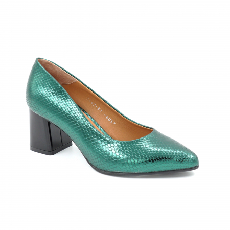 Pantofi dama din piele naturala verde menta metalizat cu imprimeu sarpe cu  varf ascutit stileto si toc mic gros 6 cm 6057-3-25 [1]