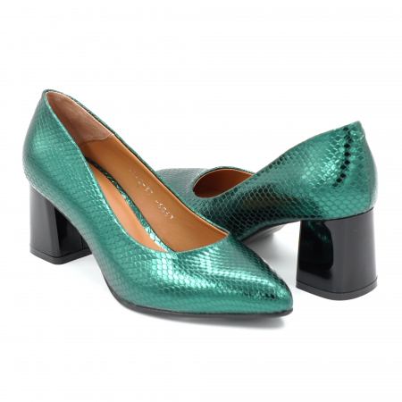 Pantofi dama din piele naturala verde menta metalizat cu imprimeu sarpe cu  varf ascutit stileto si toc mic gros 6 cm 6057-3-25 [3]