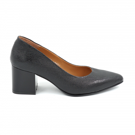 Pantofi elegant & office dama - Pantofi dama din piele naturala neagra cu imprimeu cu varf ascutit stileto si  toc mic gros 6 cm  6057-1-25
