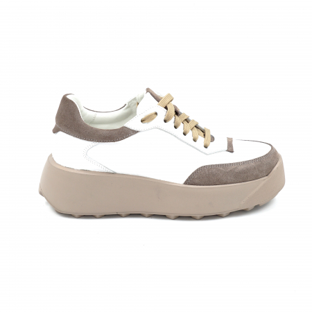 Pantofi casual & sport dama - Pantofi dama tip adidas din piele naturala alba si bej cu varf rotund si talpa de 4 cm 52624-1-24