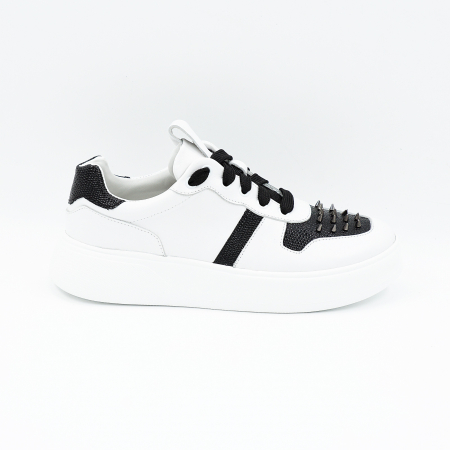 Pantofi casual & sport dama - Pantofi dama tip adidas din piele naturala alb si negru cu varf rotund si talpa de 3 cm 64221-25
