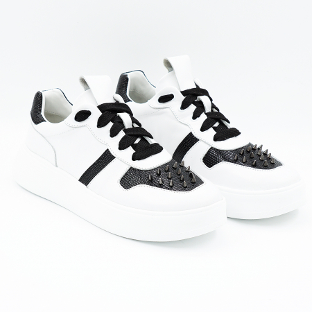Pantofi dama tip adidas din piele naturala alb si negru cu varf rotund si talpa de 3 cm 64221-25 [2]