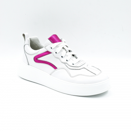 Pantofi dama tip adidas din piele naturala alba si fucsia sidefata cu varf rotund si talpa de 3 cm 52121-1-25 [1]