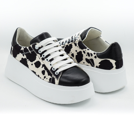 Pantofi dama tip adidas din piele naturala alba cu pete negre, cu varf rotund si talpa inalta 5 cm 63021-26 [3]