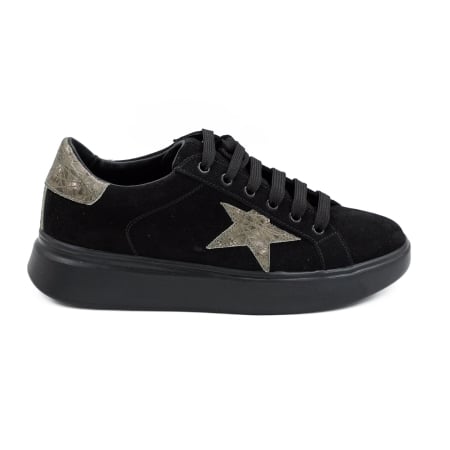 Pantofi dama - Pantofi dama tip adidas din piele naturala intoarsa neagra si 3D olive cu varf rotund si talpa de 3 cm 54621-26