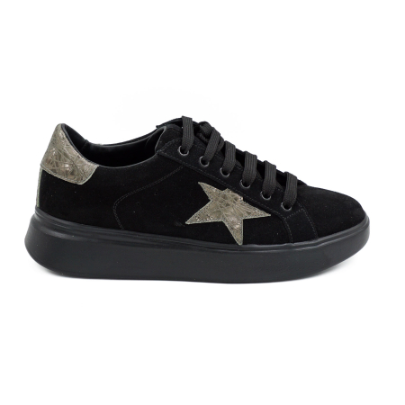 Lichidare stocuri - Pantofi dama tip adidas din piele naturala intoarsa neagra si 3D olive cu varf rotund si talpa de 3 cm 54621-26