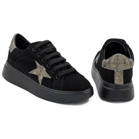 Pantofi dama tip adidas din piele naturala intoarsa neagra si 3D olive cu varf rotund si talpa de 3 cm 54621-26 [4]