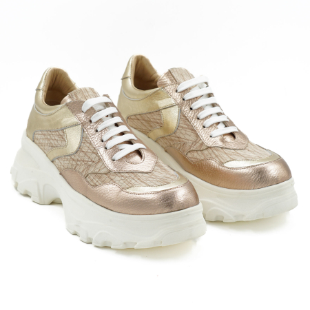 Pantofi dama tip adidas din piele naturala aurie si bej cu imprimeu, cu varf rotund si talpa 5 cm 50221-21 [2]