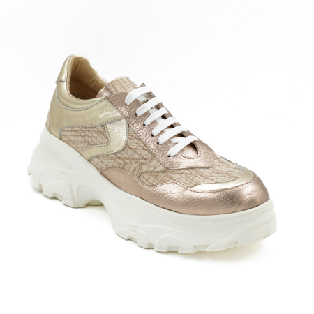 Pantofi dama tip adidas din piele naturala aurie si bej cu imprimeu, cu varf rotund si talpa 5 cm 50221-21 [1]