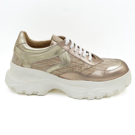 Lichidare stocuri - Pantofi dama tip adidas din piele naturala aurie si bej cu imprimeu, cu varf rotund si talpa 5 cm 50221-21