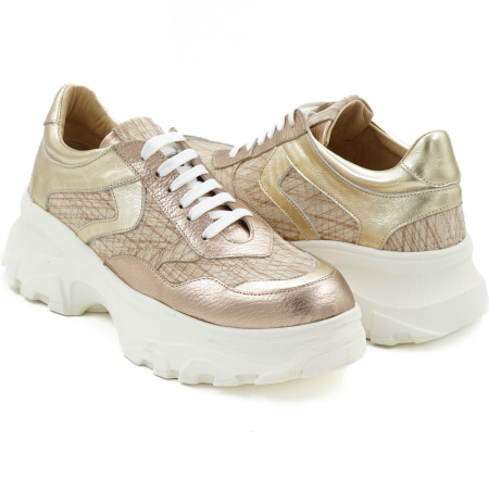 Pantofi dama tip adidas din piele naturala aurie si bej cu imprimeu, cu varf rotund si talpa 5 cm 50221-21 [3]