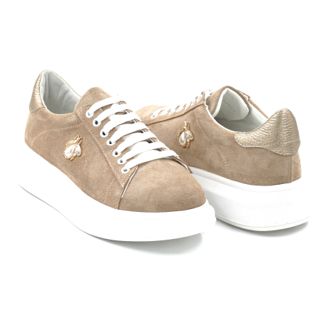 Pantofi dama tip adidas din piele naturala intoarsa bej cappucino cu varf rotund si talpa de 4 cm 63921-24 [3]