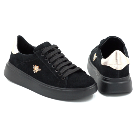 Pantofi dama tip adidas din piele naturala intoarsa neagra si aurie cu varf rotund si talpa de 3 cm 62921-25 [4]