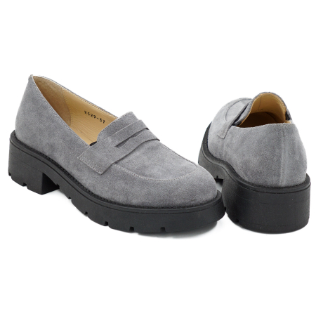 Pantofi dama tip loafers din piele naturala intoarsa gri, cu varf rotund si talpa 3 cm 60320-26 [4]