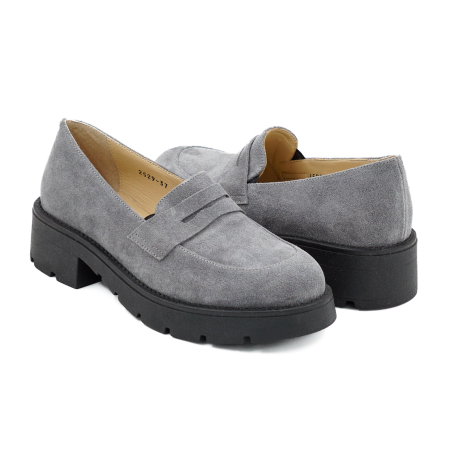Pantofi dama tip loafers din piele naturala intoarsa gri, cu varf rotund si talpa 3 cm 60320-26 [4]