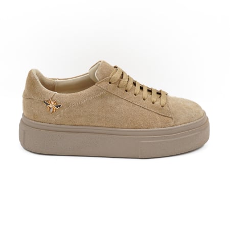 Dama - Pantofi dama tip adidas din piele naturala intoarsa bej cappucino , cu varf rotund si talpa de 3 cm 63821-26