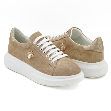 Pantofi dama tip adidas din piele naturala intoarsa bej cappucino si aurie, cu varf rotund si talpa de 3 cm 62921-26 [3]