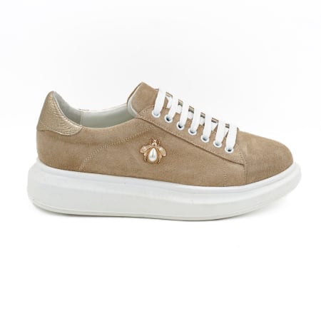Dama - Pantofi dama tip adidas din piele naturala intoarsa bej cappucino si aurie, cu varf rotund si talpa de 3 cm 62921-26