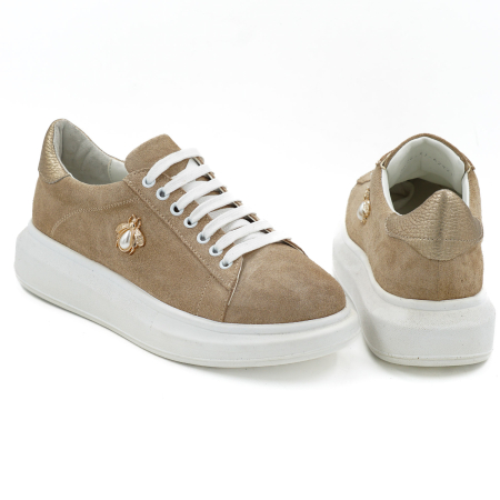 Pantofi dama tip adidas din piele naturala intoarsa bej cappucino si aurie, cu varf rotund si talpa de 3 cm 62921-26 [4]