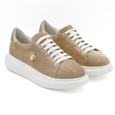 Pantofi dama tip adidas din piele naturala intoarsa bej cappucino si aurie, cu varf rotund si talpa de 3 cm 62921-26 [2]