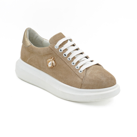 Pantofi dama tip adidas din piele naturala intoarsa bej cappucino si aurie, cu varf rotund si talpa de 3 cm 62921-26 [1]