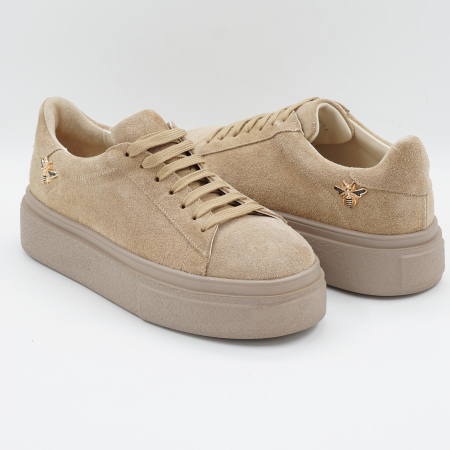 Pantofi dama tip adidas din piele naturala intoarsa bej cappucino , cu varf rotund si talpa de 3 cm 63821-26 [3]