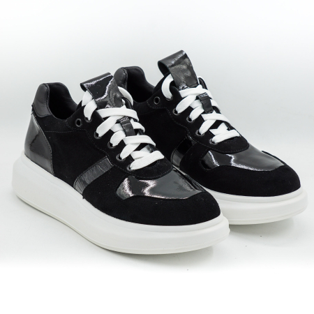 Pantofi dama tip adidas din piele naturala intoarsa si lacuita neagra, cu varf rotund si talpa 3 cm  52321-26 [2]