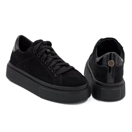 Dama - Pantofi dama tip adidas din piele naturala intoarsa neagra, cu varf rotund si talpa 3 cm 60521-1-26