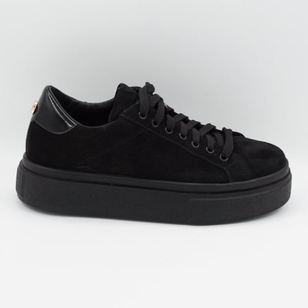 Dama - Pantofi dama tip adidas din piele naturala intoarsa neagra, cu varf rotund si talpa 3 cm 60521-1-26