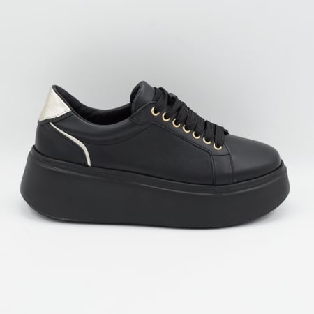 Dama - Pantofi dama tip adidas din piele naturala neagra si aurie, cu varf rotund si talpa 5 cm 63621-1-26