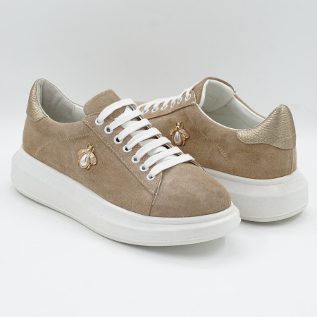 Pantofi dama tip adidas din piele naturala intoarsa bej cappucino si aurie, cu varf rotund si talpa de 3 cm 62921-26 [3]