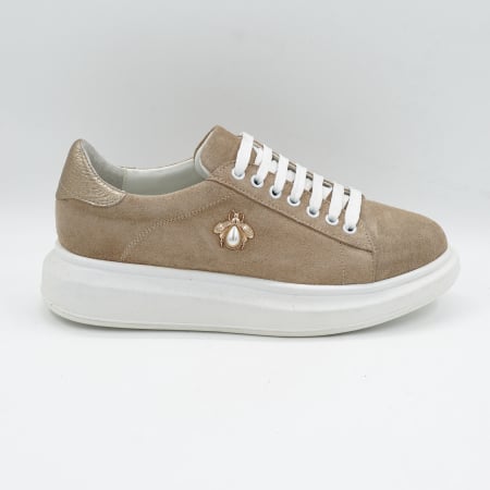 Dama - Pantofi dama tip adidas din piele naturala intoarsa bej cappucino si aurie, cu varf rotund si talpa de 3 cm 62921-26