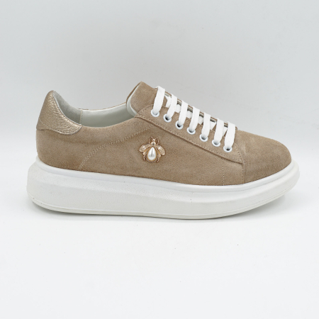 Pantofi dama - Pantofi dama tip adidas din piele naturala intoarsa bej cappucino si aurie, cu varf rotund si talpa de 3 cm 62921-26