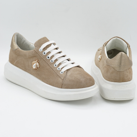 Pantofi dama tip adidas din piele naturala intoarsa bej cappucino si aurie, cu varf rotund si talpa de 3 cm 62921-26 [4]