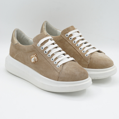 Pantofi dama tip adidas din piele naturala intoarsa bej cappucino si aurie, cu varf rotund si talpa de 3 cm 62921-26 [2]